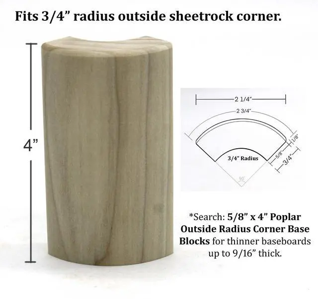 Alt view image 2 of 4 - 3/4" x 2 1/4" x 4" Poplar (Paint Grade) Outside Radius Corner Base Block Bullnose - Fits 3/4" Radius, Trim Molding (48)