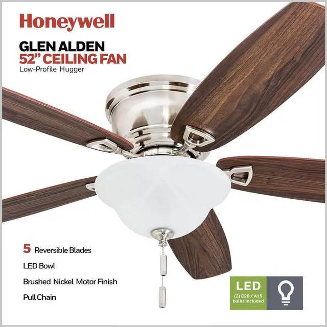 Alt view image 3 of 6 - Ceiling Fans Glen Alden, 52 Inch Classic Flush Mount Indoor LED Ceiling Fan with Light, Pull Chain, Quick-2-Hang Dual Finish Blades, Reversible Motor - 50519-01 (Brushed Nickel)