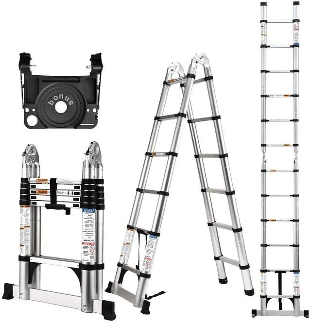 Main image of Telescoping Ladder 12.5 Ft, A Frame Compact Aluminum Extension Ladder with Tool Platform and Stabilizer Bar, Portable Telescopic Ladder for Outdoor Camper Trips Motorhome, 330lbs Capacity