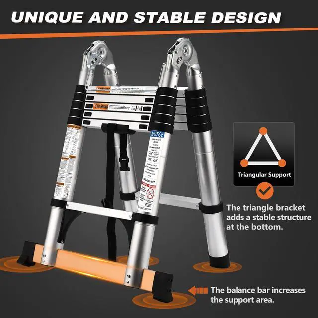 Alt view image 2 of 6 - Telescoping Ladder 12.5 Ft, A Frame Compact Aluminum Extension Ladder with Tool Platform and Stabilizer Bar, Portable Telescopic Ladder for Outdoor Camper Trips Motorhome, 330lbs Capacity