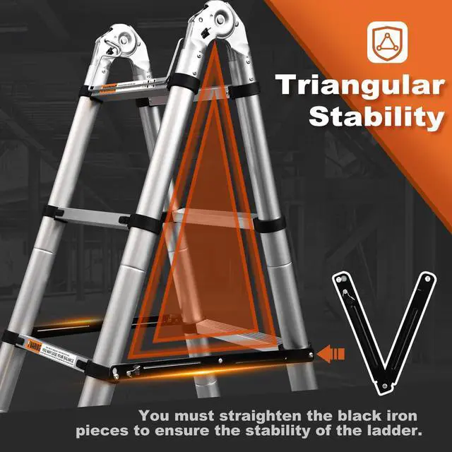 Alt view image 3 of 6 - Telescoping Ladder 12.5 Ft, A Frame Compact Aluminum Extension Ladder with Tool Platform and Stabilizer Bar, Portable Telescopic Ladder for Outdoor Camper Trips Motorhome, 330lbs Capacity