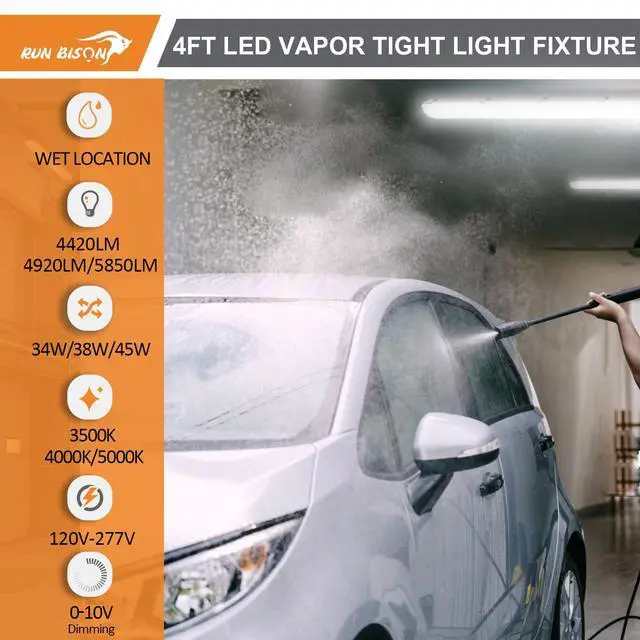 Alt view image 2 of 6 - 4FT LED Vapor Tight Light Fixture, 4420/4940/5850LM Vapor Light Fixture, 3500K/4000K/5000K CCT Selectable, Waterproof Outdoor Shop Light for Parking Carport Car Wash Garage 4-Pack