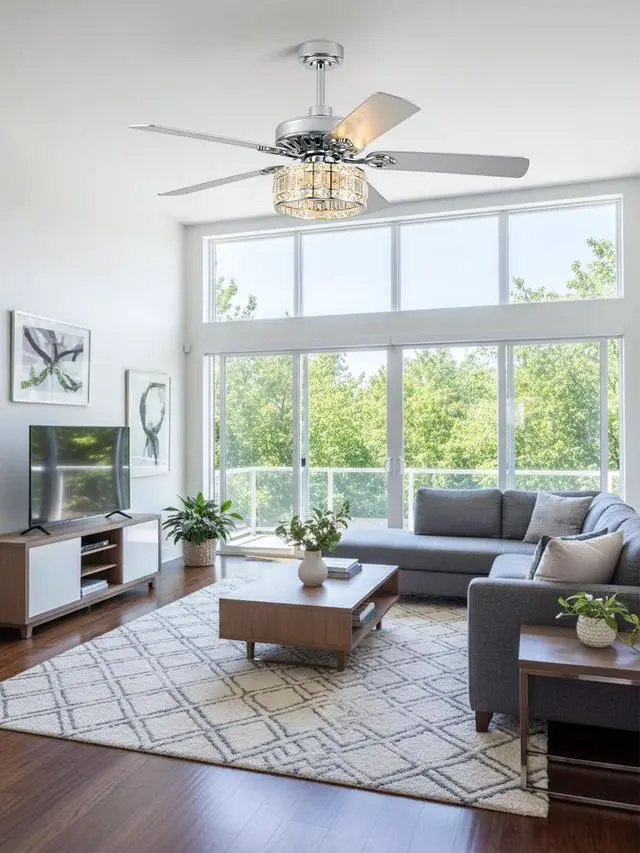 Alt view image 2 of 6 - 52" Crystal Fandelier Ceiling Fan with Lights, Chrome Low Profile Modern Ceiling Fan, Quiet Reversible DC Motor, 6-Speed Remote Control for Living Room Bedroom Dining Room
