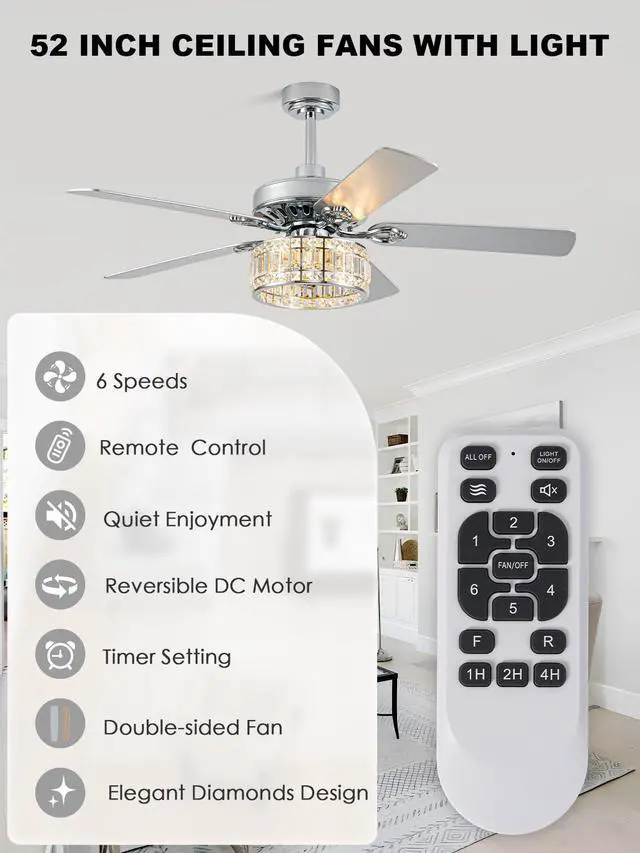 Alt view image 3 of 6 - 52" Crystal Fandelier Ceiling Fan with Lights, Chrome Low Profile Modern Ceiling Fan, Quiet Reversible DC Motor, 6-Speed Remote Control for Living Room Bedroom Dining Room