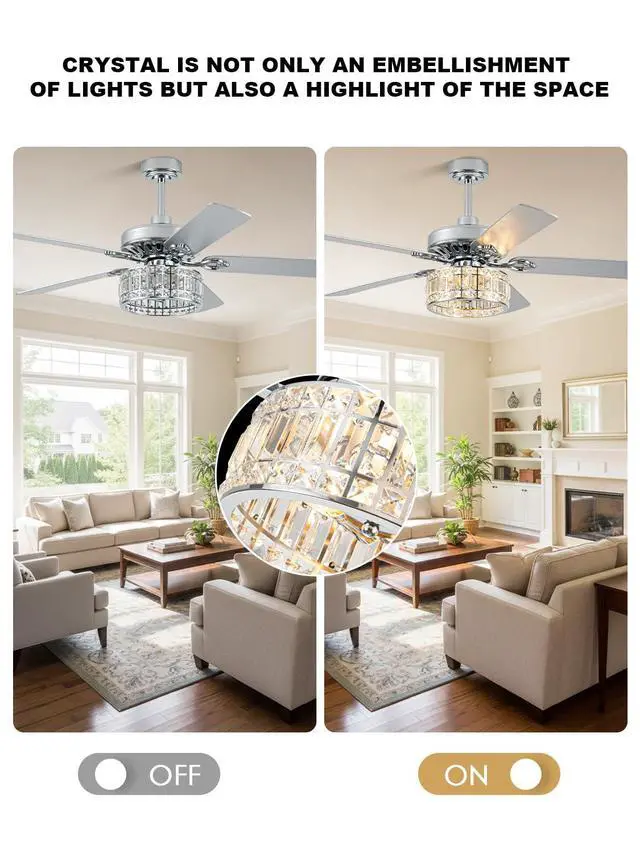Alt view image 4 of 6 - 52" Crystal Fandelier Ceiling Fan with Lights, Chrome Low Profile Modern Ceiling Fan, Quiet Reversible DC Motor, 6-Speed Remote Control for Living Room Bedroom Dining Room