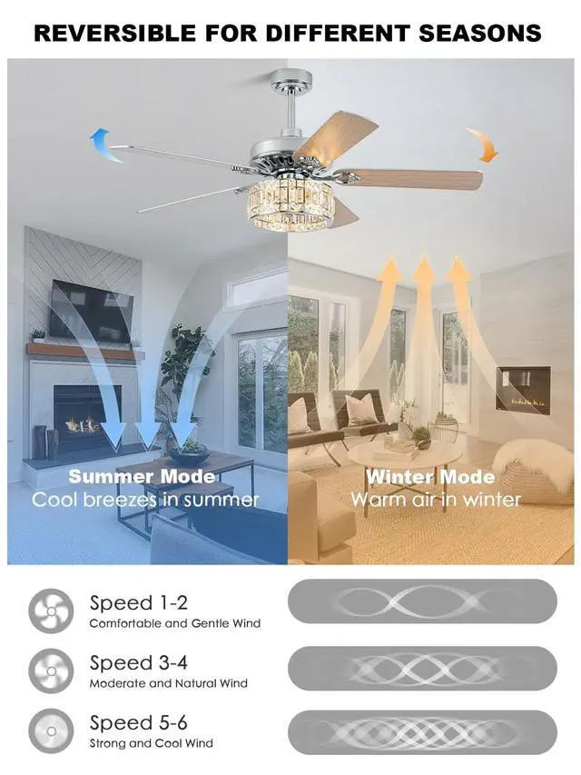 Alt view image 5 of 6 - 52" Crystal Fandelier Ceiling Fan with Lights, Chrome Low Profile Modern Ceiling Fan, Quiet Reversible DC Motor, 6-Speed Remote Control for Living Room Bedroom Dining Room