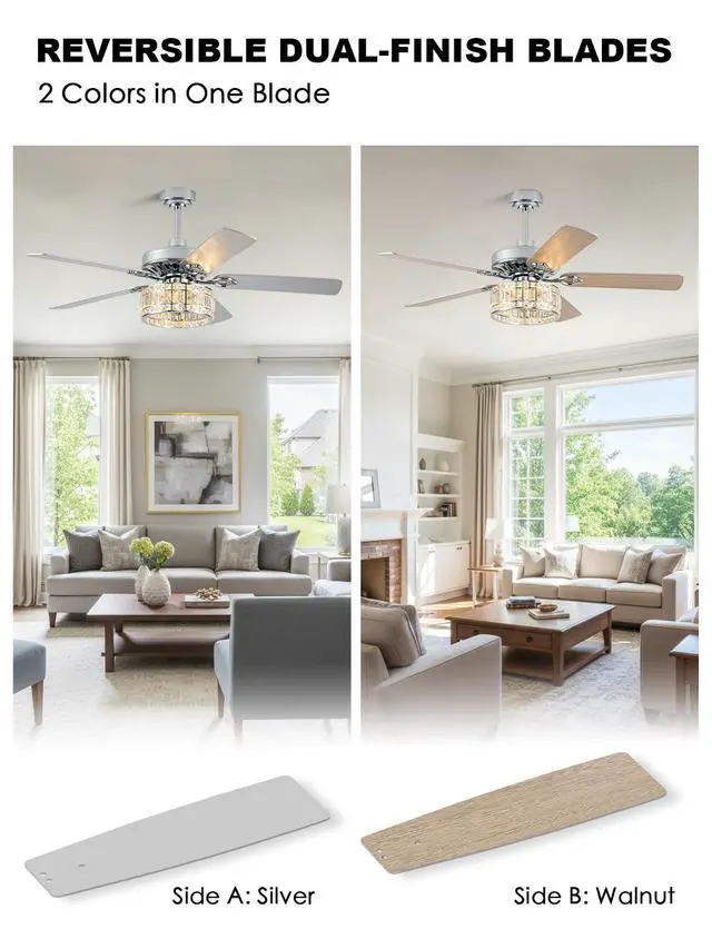 Alt view image 6 of 6 - 52" Crystal Fandelier Ceiling Fan with Lights, Chrome Low Profile Modern Ceiling Fan, Quiet Reversible DC Motor, 6-Speed Remote Control for Living Room Bedroom Dining Room