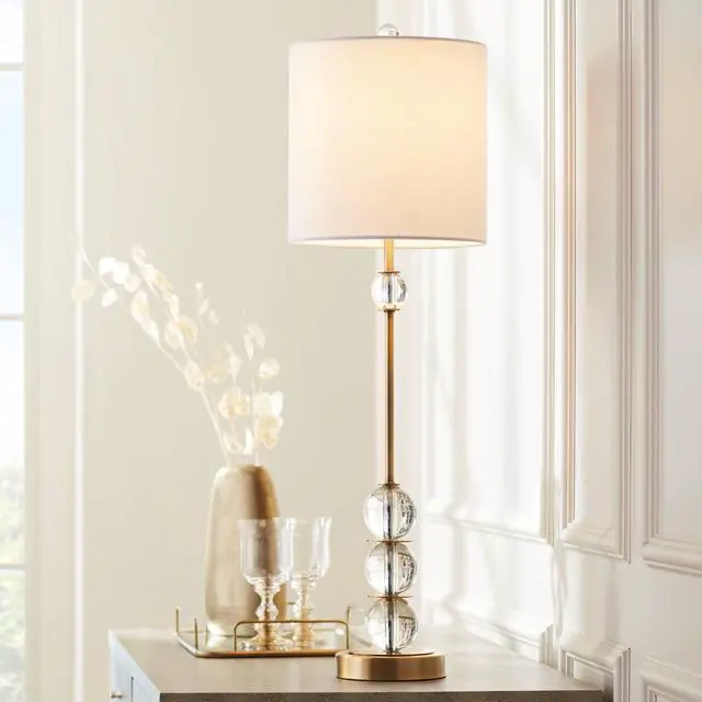 Main image of Halston Modern Art Deco Buffet Table Lamp 32 1/2" Tall Skinny with USB Dimmer Cord Brass Gold Metal Crystal Ball Off White Fabric Drum Shade for Living Room House Home Dining