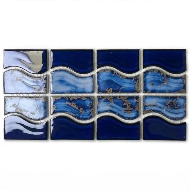 Main image of Wave Sea Cobalt Blue with Calacatta Gold Porcelain Border Pool Tile 6x12 Mesh Easy Install for Bathroom Walls, Kitchen Backsplash 10 Pieces