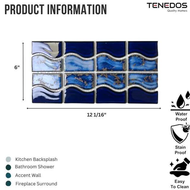 Alt view image 2 of 6 - Wave Sea Cobalt Blue with Calacatta Gold Porcelain Border Pool Tile 6x12 Mesh Easy Install for Bathroom Walls, Kitchen Backsplash 10 Pieces