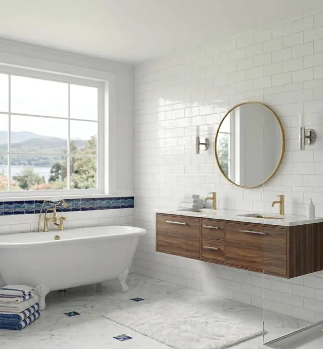 Alt view image 3 of 6 - Wave Sea Cobalt Blue with Calacatta Gold Porcelain Border Pool Tile 6x12 Mesh Easy Install for Bathroom Walls, Kitchen Backsplash 10 Pieces