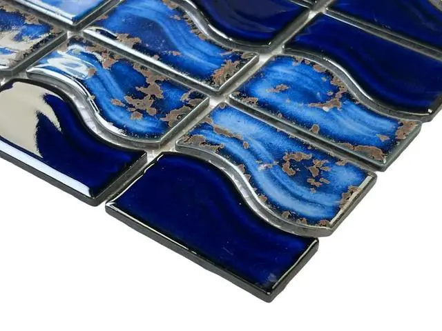 Alt view image 4 of 6 - Wave Sea Cobalt Blue with Calacatta Gold Porcelain Border Pool Tile 6x12 Mesh Easy Install for Bathroom Walls, Kitchen Backsplash 10 Pieces