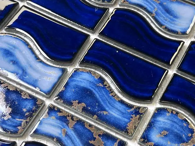 Alt view image 5 of 6 - Wave Sea Cobalt Blue with Calacatta Gold Porcelain Border Pool Tile 6x12 Mesh Easy Install for Bathroom Walls, Kitchen Backsplash 10 Pieces