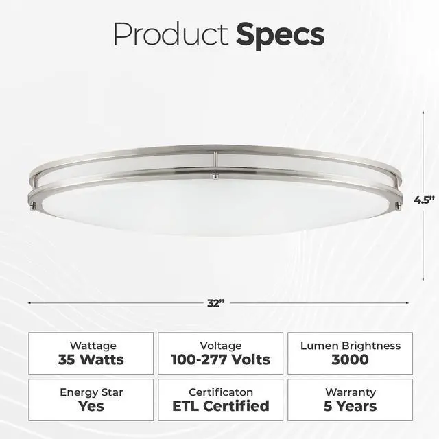 Alt view image 2 of 6 - 32 Inch Oval LED Ceiling Light, 35W, 3000LM, 3000K/4000K/5000K Adjustable, Brushed Nickel Finish Dimmable Flush Mount Ceiling Light for Bedroom, Living Room