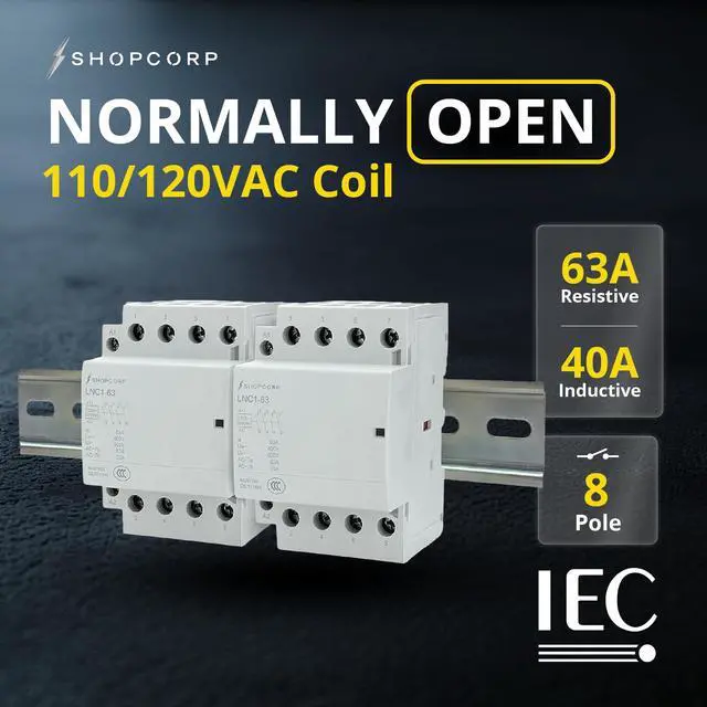 Alt view image 4 of 6 - 8 Pole (4 Pole x 2) 120v Coil Contactor 50 amp NO IEC 400V AC Contactor 110/120VAC Coil - Motor Load 40A, Lighting Load 63A | Silent Operation, Includes DIN Rail and Phillips Screws