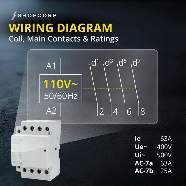 Alt view image 5 of 6 - 8 Pole (4 Pole x 2) 120v Coil Contactor 50 amp NO IEC 400V AC Contactor 110/120VAC Coil - Motor Load 40A, Lighting Load 63A | Silent Operation, Includes DIN Rail and Phillips Screws