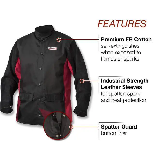 Alt view image 2 of 5 - Split Leather Sleeved Welding Jacket | Premium Flame Resistant Cotton Body | Black & Red | XXXL | K2986-XXXL