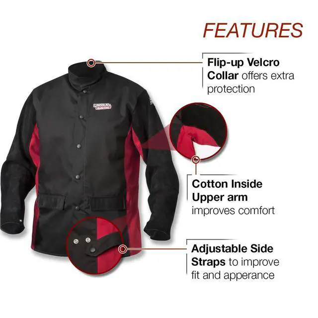 Alt view image 3 of 5 - Split Leather Sleeved Welding Jacket | Premium Flame Resistant Cotton Body | Black & Red | XXXL | K2986-XXXL