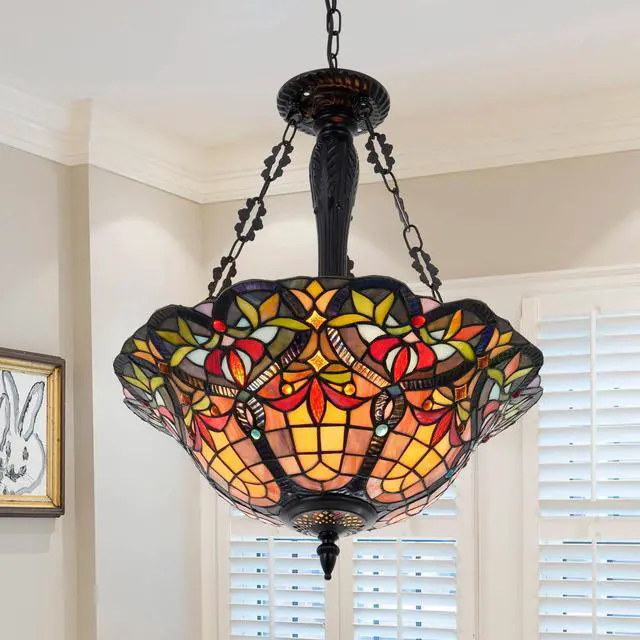Main image of Vintage Pendant Light Fixture, 18'' Rustic Stained Glass Inverted Ceiling Lamp for Dining Room, 3 Lights Semi Flush Mount Pendant Light for Kitchen Living Room Bedroom Entryway