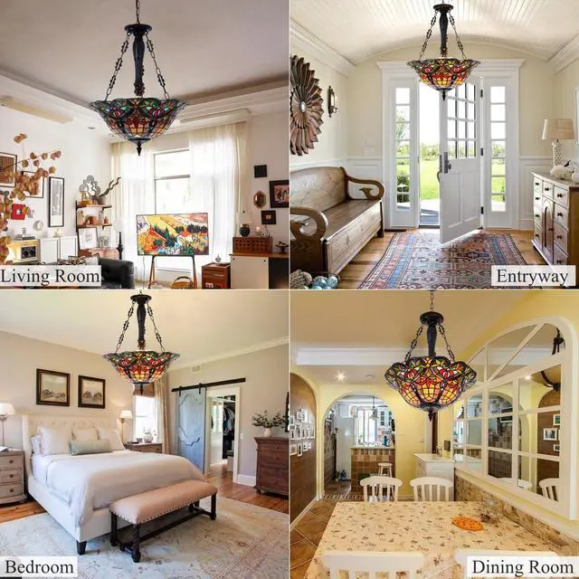Alt view image 3 of 6 - Vintage Pendant Light Fixture, 18'' Rustic Stained Glass Inverted Ceiling Lamp for Dining Room, 3 Lights Semi Flush Mount Pendant Light for Kitchen Living Room Bedroom Entryway