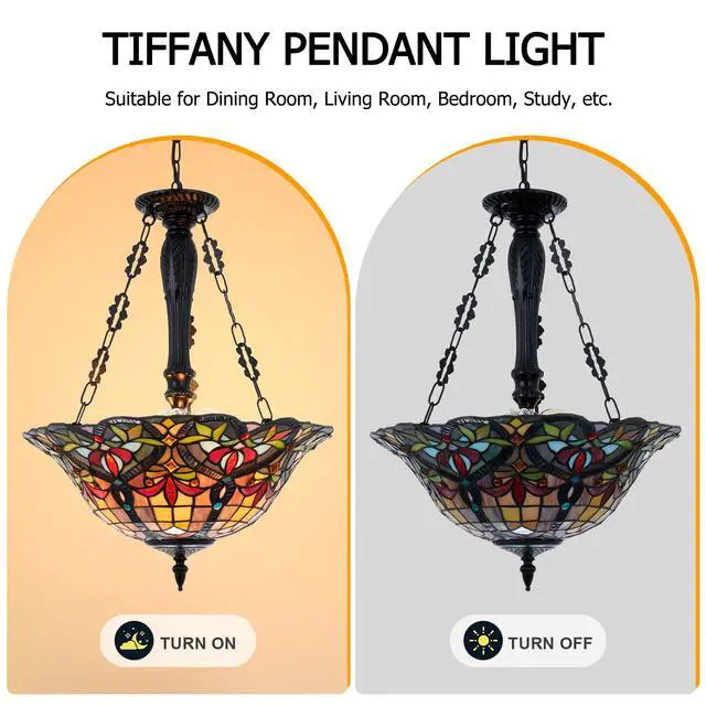 Alt view image 4 of 6 - Vintage Pendant Light Fixture, 18'' Rustic Stained Glass Inverted Ceiling Lamp for Dining Room, 3 Lights Semi Flush Mount Pendant Light for Kitchen Living Room Bedroom Entryway