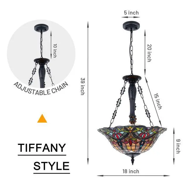 Alt view image 5 of 6 - Vintage Pendant Light Fixture, 18'' Rustic Stained Glass Inverted Ceiling Lamp for Dining Room, 3 Lights Semi Flush Mount Pendant Light for Kitchen Living Room Bedroom Entryway