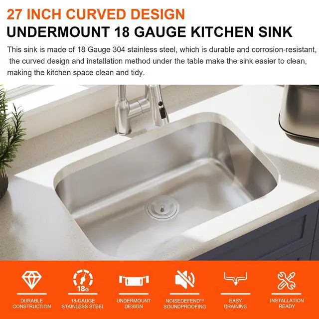 Alt view image 3 of 6 - 27 Inch Undermount Kitchen Sink 18 Gauge Stainless Steel Single Bowl Curved Shape Commercial Grade Satin Finish Sinks 27" x 18" x 9" (Sink Only)