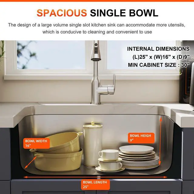 Alt view image 5 of 6 - 27 Inch Undermount Kitchen Sink 18 Gauge Stainless Steel Single Bowl Curved Shape Commercial Grade Satin Finish Sinks 27" x 18" x 9" (Sink Only)