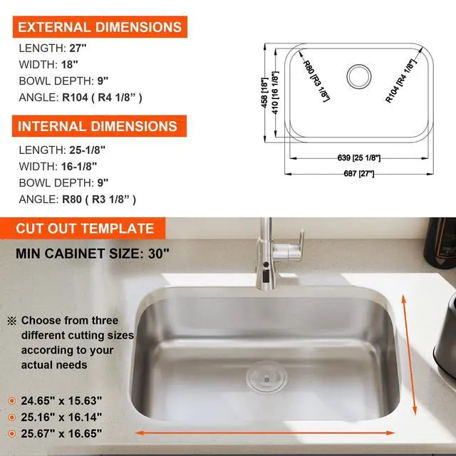 Alt view image 6 of 6 - 27 Inch Undermount Kitchen Sink 18 Gauge Stainless Steel Single Bowl Curved Shape Commercial Grade Satin Finish Sinks 27" x 18" x 9" (Sink Only)