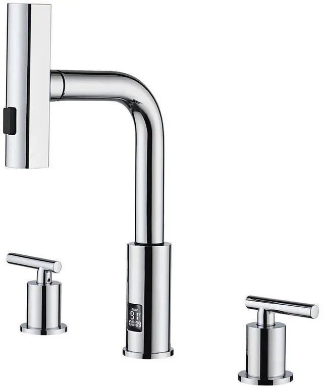 Main image of Waterfall Pull-Out Bathroom Faucet 3 Hole with Temperature Display in Fahrenheit (Battery-Free), 8-inch Widespread Vanity Faucet for Bathroom Sink with 2 Handles, Chrome, BFWS2401-1