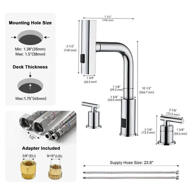 Alt view image 2 of 6 - Waterfall Pull-Out Bathroom Faucet 3 Hole with Temperature Display in Fahrenheit (Battery-Free), 8-inch Widespread Vanity Faucet for Bathroom Sink with 2 Handles, Chrome, BFWS2401-1