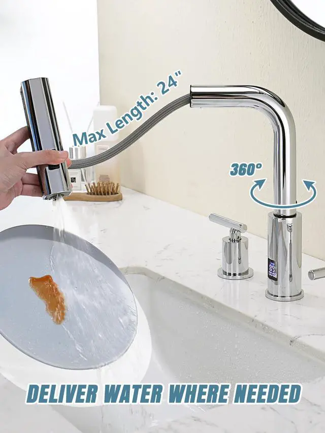 Alt view image 4 of 6 - Waterfall Pull-Out Bathroom Faucet 3 Hole with Temperature Display in Fahrenheit (Battery-Free), 8-inch Widespread Vanity Faucet for Bathroom Sink with 2 Handles, Chrome, BFWS2401-1