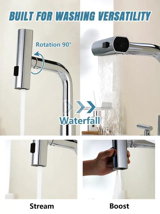 Alt view image 5 of 6 - Waterfall Pull-Out Bathroom Faucet 3 Hole with Temperature Display in Fahrenheit (Battery-Free), 8-inch Widespread Vanity Faucet for Bathroom Sink with 2 Handles, Chrome, BFWS2401-1