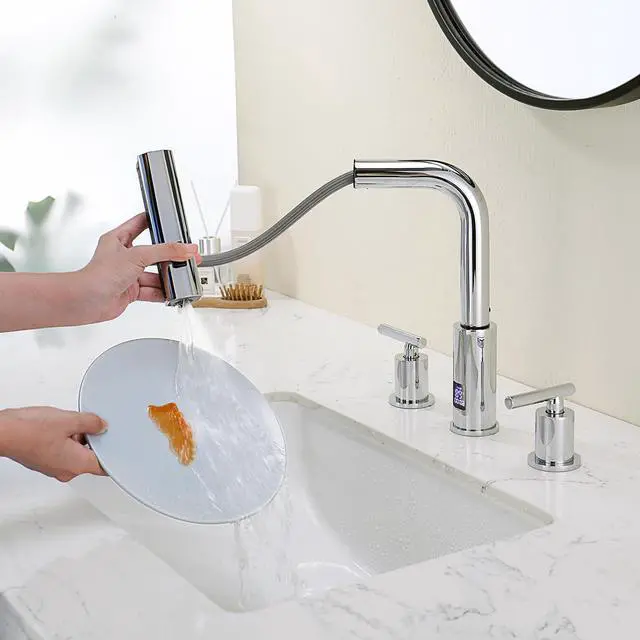 Alt view image 6 of 6 - Waterfall Pull-Out Bathroom Faucet 3 Hole with Temperature Display in Fahrenheit (Battery-Free), 8-inch Widespread Vanity Faucet for Bathroom Sink with 2 Handles, Chrome, BFWS2401-1