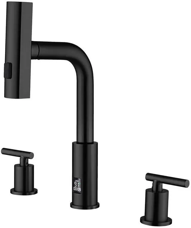 Main image of Waterfall Pull-Out Bathroom Faucet 3 Hole with Temperature Display in Fahrenheit (Battery-Free), 8-inch Widespread Vanity Faucet for Bathroom Sink with 2 Handles, Matte Black, BFWS2401-3