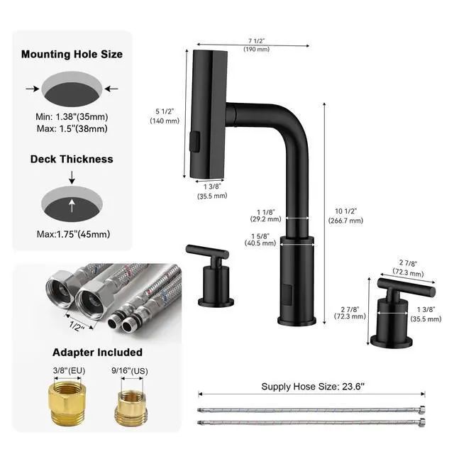 Alt view image 2 of 6 - Waterfall Pull-Out Bathroom Faucet 3 Hole with Temperature Display in Fahrenheit (Battery-Free), 8-inch Widespread Vanity Faucet for Bathroom Sink with 2 Handles, Matte Black, BFWS2401-3