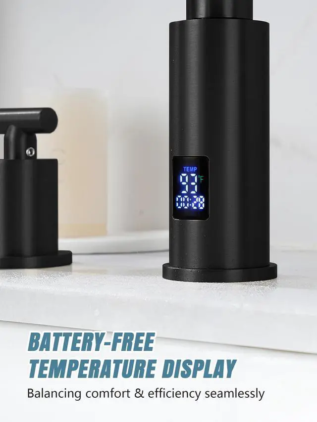 Alt view image 3 of 6 - Waterfall Pull-Out Bathroom Faucet 3 Hole with Temperature Display in Fahrenheit (Battery-Free), 8-inch Widespread Vanity Faucet for Bathroom Sink with 2 Handles, Matte Black, BFWS2401-3