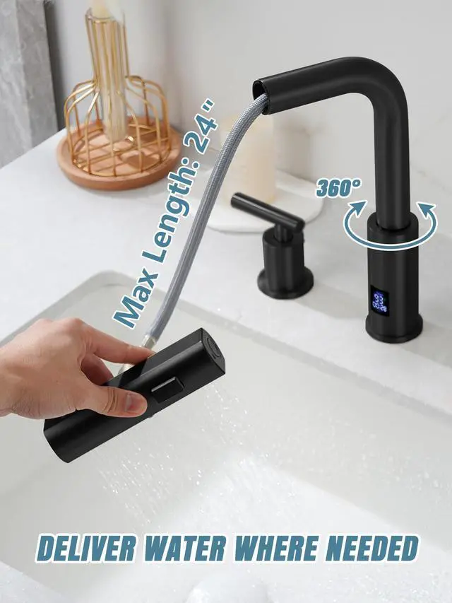 Alt view image 4 of 6 - Waterfall Pull-Out Bathroom Faucet 3 Hole with Temperature Display in Fahrenheit (Battery-Free), 8-inch Widespread Vanity Faucet for Bathroom Sink with 2 Handles, Matte Black, BFWS2401-3