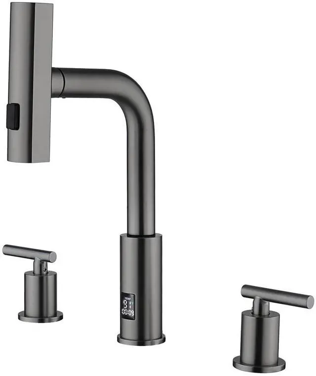 Main image of Waterfall Pull-Out Bathroom Faucet 3 Hole with Temperature Display in Fahrenheit (Battery-Free), 8-inch Widespread Vanity Faucet for Bathroom Sink with 2 Handles, Grey, BFWS2401-2