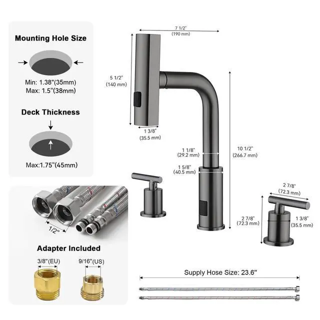 Alt view image 2 of 6 - Waterfall Pull-Out Bathroom Faucet 3 Hole with Temperature Display in Fahrenheit (Battery-Free), 8-inch Widespread Vanity Faucet for Bathroom Sink with 2 Handles, Grey, BFWS2401-2