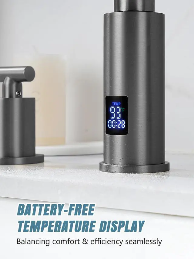 Alt view image 3 of 6 - Waterfall Pull-Out Bathroom Faucet 3 Hole with Temperature Display in Fahrenheit (Battery-Free), 8-inch Widespread Vanity Faucet for Bathroom Sink with 2 Handles, Grey, BFWS2401-2