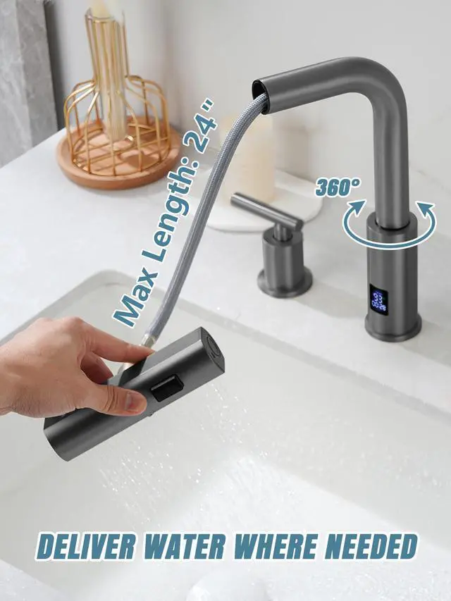 Alt view image 4 of 6 - Waterfall Pull-Out Bathroom Faucet 3 Hole with Temperature Display in Fahrenheit (Battery-Free), 8-inch Widespread Vanity Faucet for Bathroom Sink with 2 Handles, Grey, BFWS2401-2