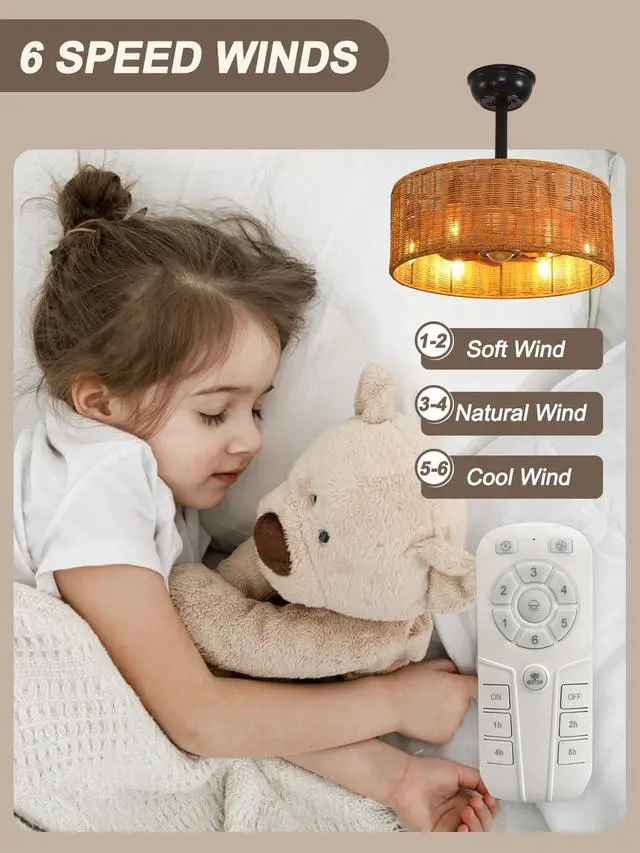 Alt view image 4 of 6 - 18" Boho Ceiling Fan with Lights, Flush Mount Ceiling Fan with Lights and Remote Control, 3 Speeds and Low Noise for Bedroom, Living Room Kitchen