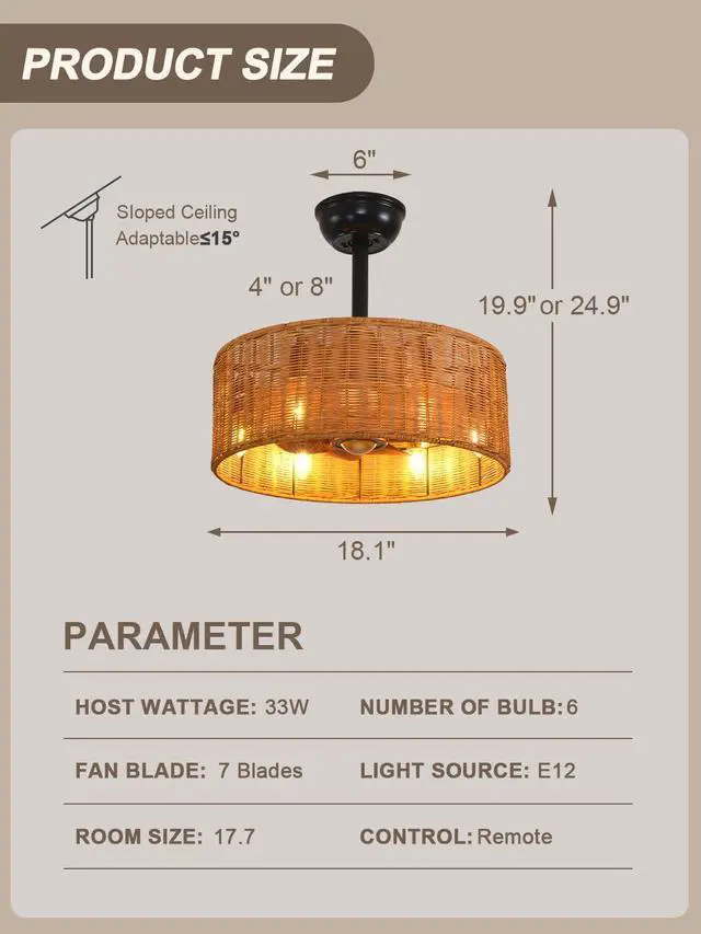 Alt view image 6 of 6 - 18" Boho Ceiling Fan with Lights, Flush Mount Ceiling Fan with Lights and Remote Control, 3 Speeds and Low Noise for Bedroom, Living Room Kitchen