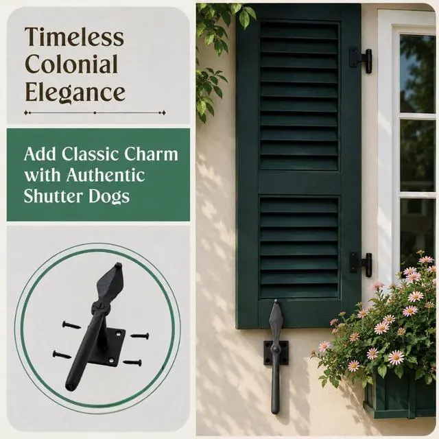 Alt view image 5 of 6 - Shutter Dogs 7 in. Black Spoon Shaped Wrought Iron Shutter Dogs with Mounting Hardware Pack of 12