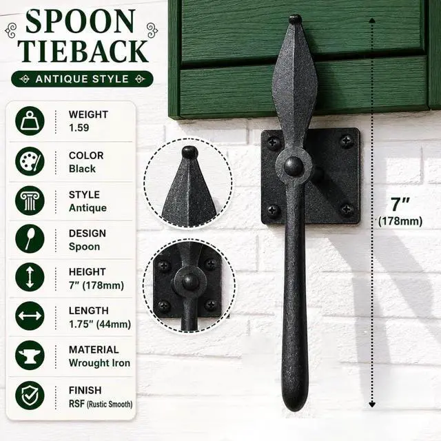 Alt view image 6 of 6 - Shutter Dogs 7 in. Black Spoon Shaped Wrought Iron Shutter Dogs with Mounting Hardware Pack of 12