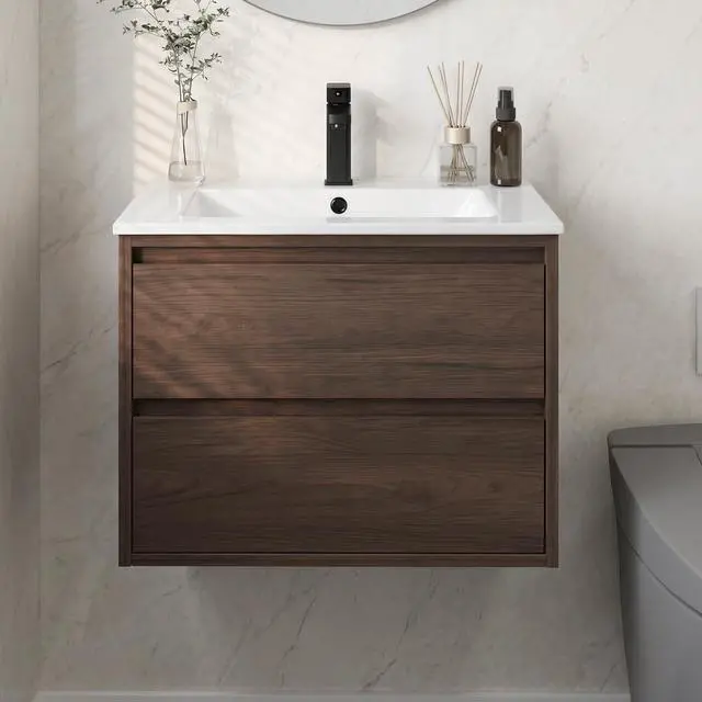 Main image of Wall Mounted Bathroom Vanity 24" - Walnut, Two Slide Drawers, Engineered Wood Single Sink Cabinet