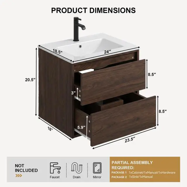 Alt view image 2 of 6 - Wall Mounted Bathroom Vanity 24" - Walnut, Two Slide Drawers, Engineered Wood Single Sink Cabinet