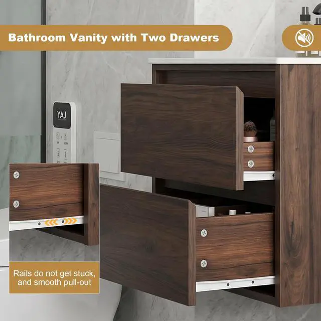 Alt view image 3 of 6 - Wall Mounted Bathroom Vanity 24" - Walnut, Two Slide Drawers, Engineered Wood Single Sink Cabinet