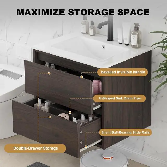 Alt view image 4 of 6 - Wall Mounted Bathroom Vanity 24" - Walnut, Two Slide Drawers, Engineered Wood Single Sink Cabinet